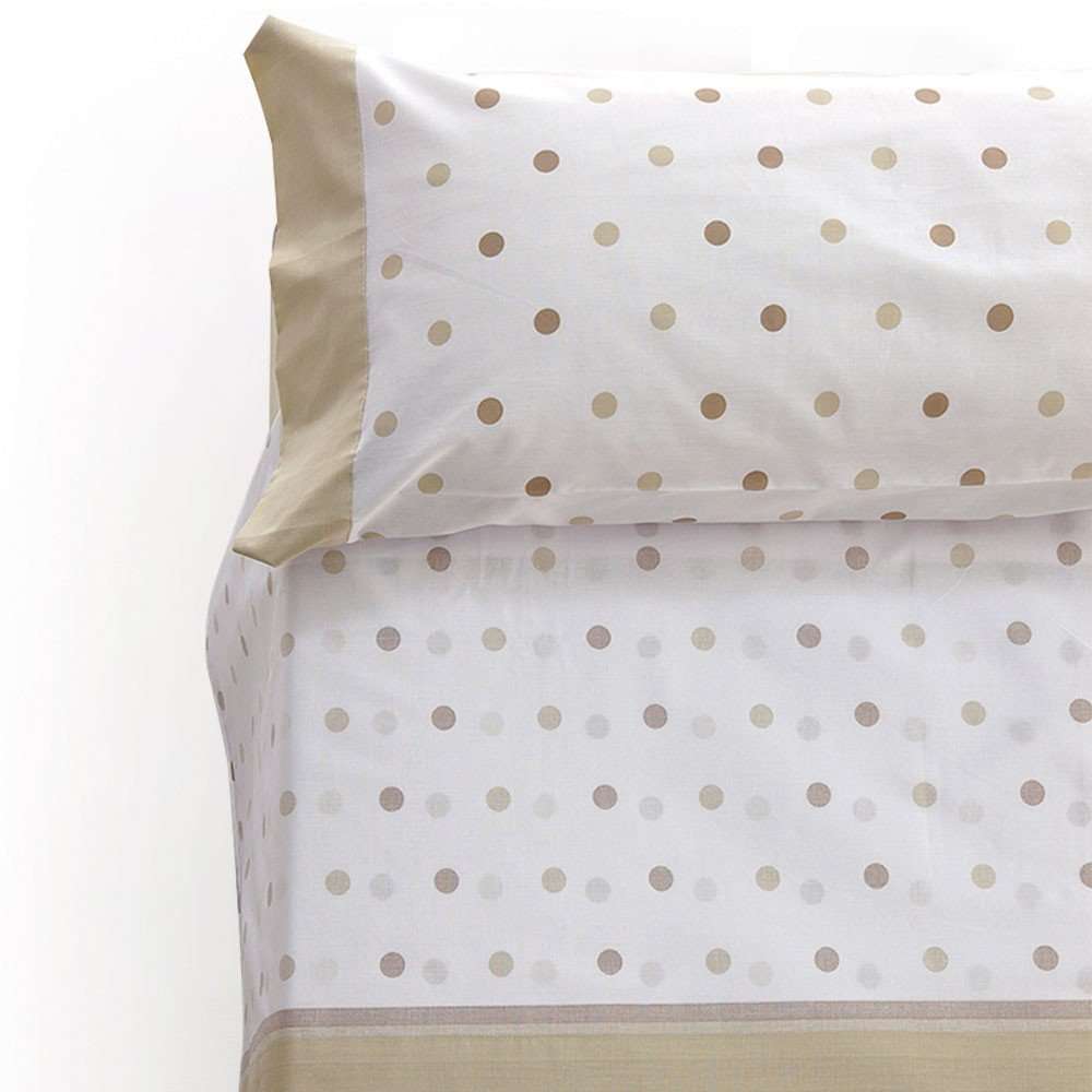 DON DESCANSO – Conjunto de Lençóis e Fronhas Maia. Estampado de bolinhas bege. Diferentes medidas
