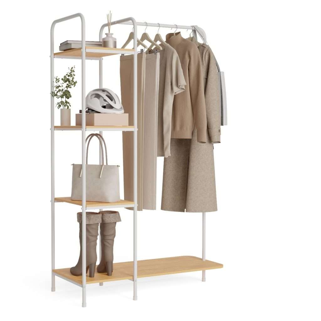 Newlux Hangy Wood 400 Perchero Burro Metálico Hasta 35kg con Zapatero, Resistente, 4 Estantes