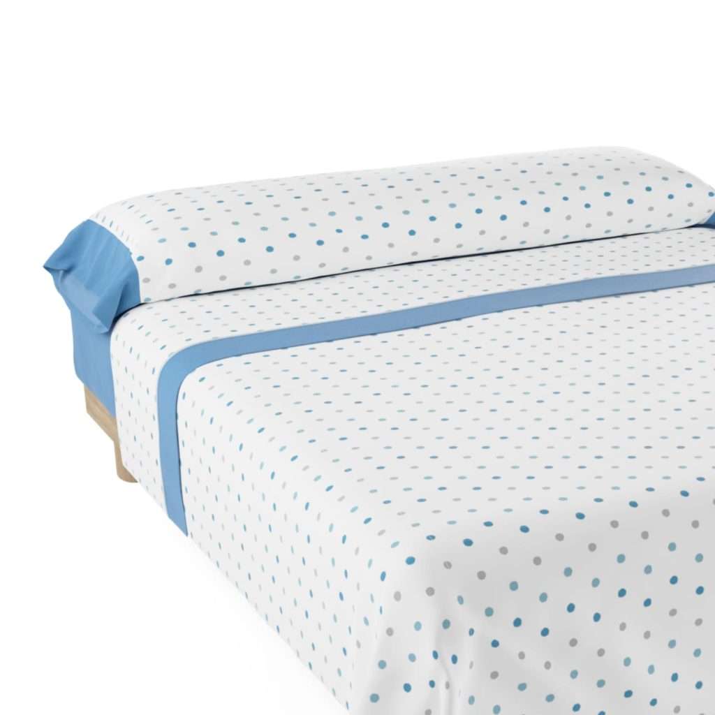Nalui–Juego de Sábanas y Fundas de Almohada Maia. Estampado lunares Azul. Diferentes medidas