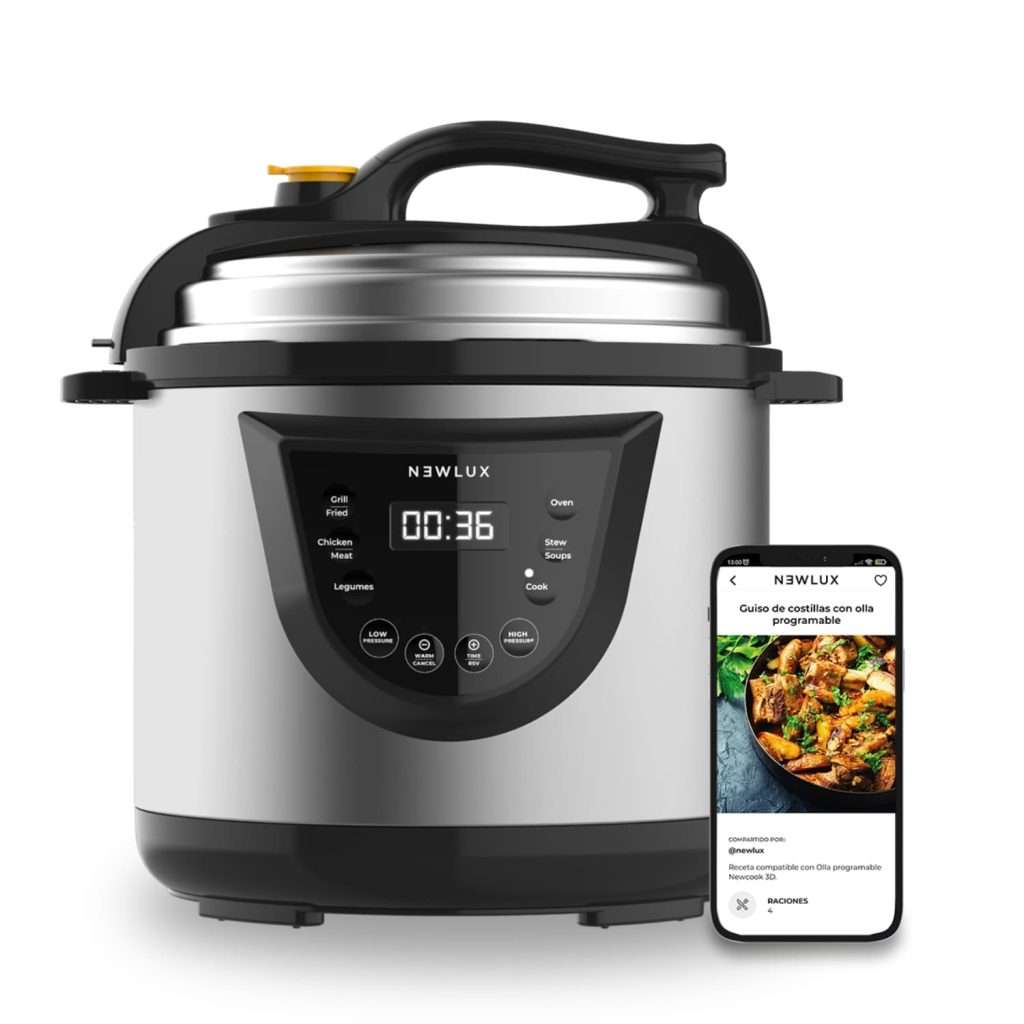 NEWLUX Olla Programable Chef Pot V110 Ollas a Presión Eléctrica, 10 Menús, 1000W, 6L, Programable 24 h, Efecto Presurización
