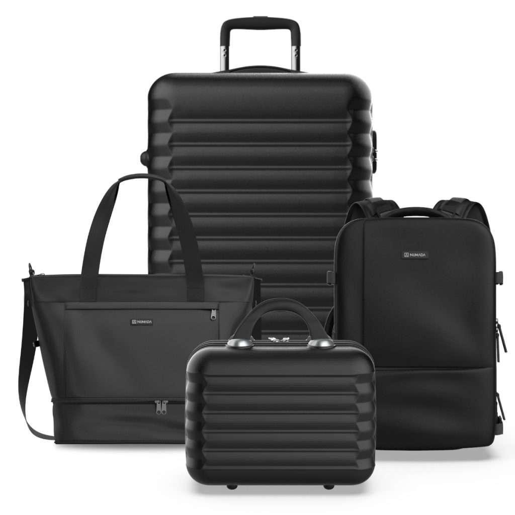 NUMADA-Juego de Maletas 4pzs. (Maleta Mediana 63cm, Mochila Cabina, Bolsa Viaje y Neceser 11L) Negro