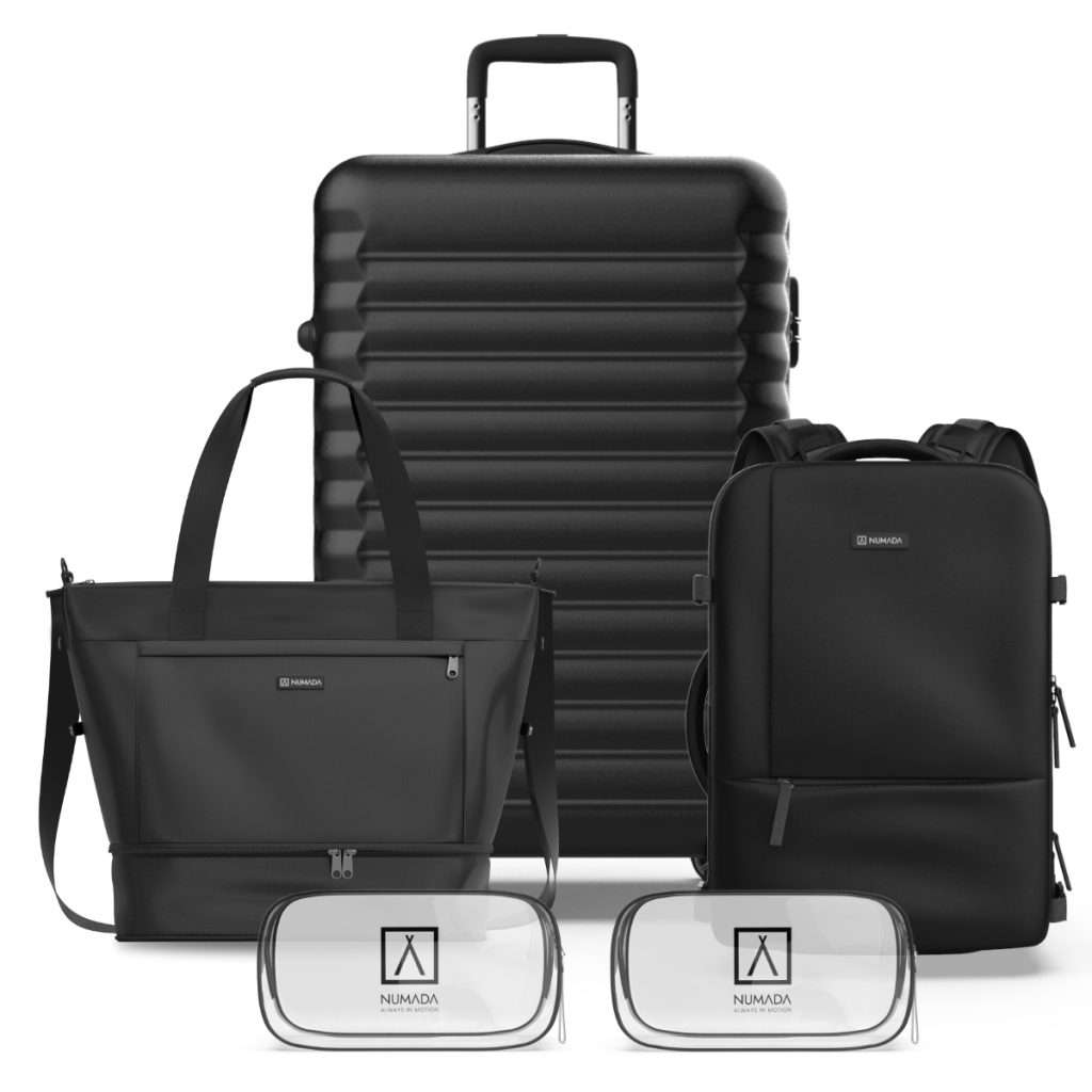 NUMADA-Juego de Maletas 5pzs. (Maleta Mediana 63cm, Mochila Cabina, Bolsa Viaje y 2xNeceser) Negro